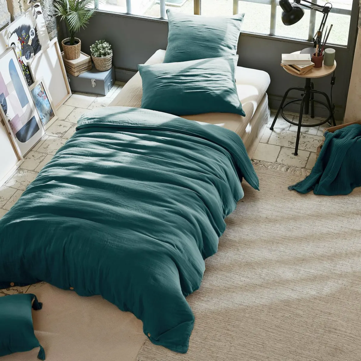 EMINZA Housse de couette gaze de coton (140 x 200 cm) Gaïa Bleu canard