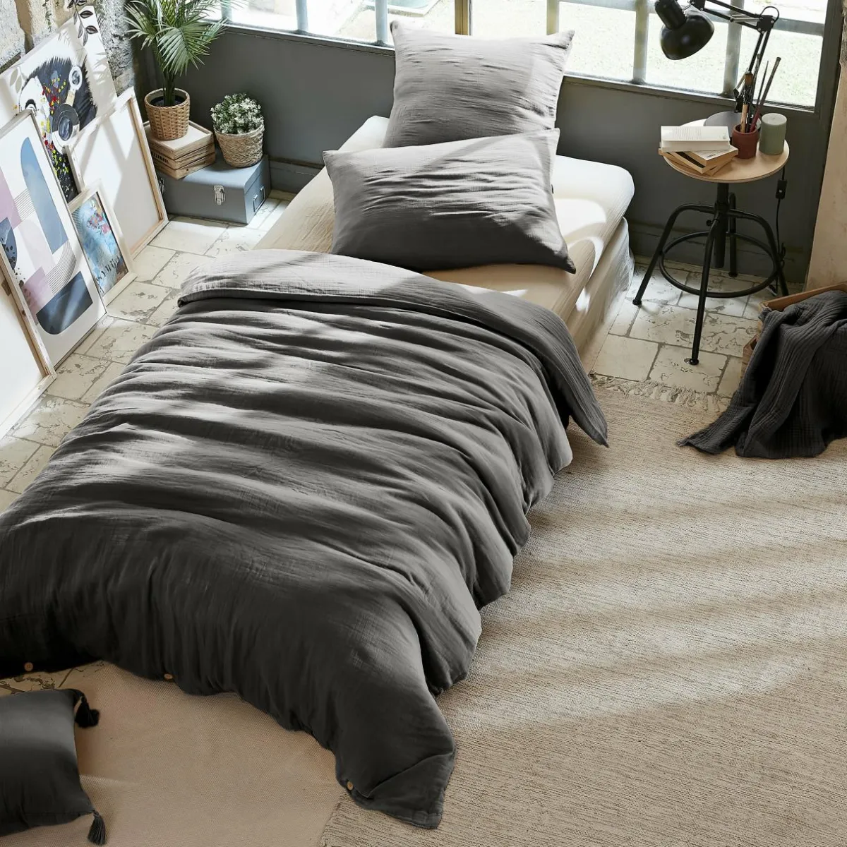 EMINZA Housse de couette gaze de coton (140 x 200 cm) Gaïa Gris granit Gris foncé Hot