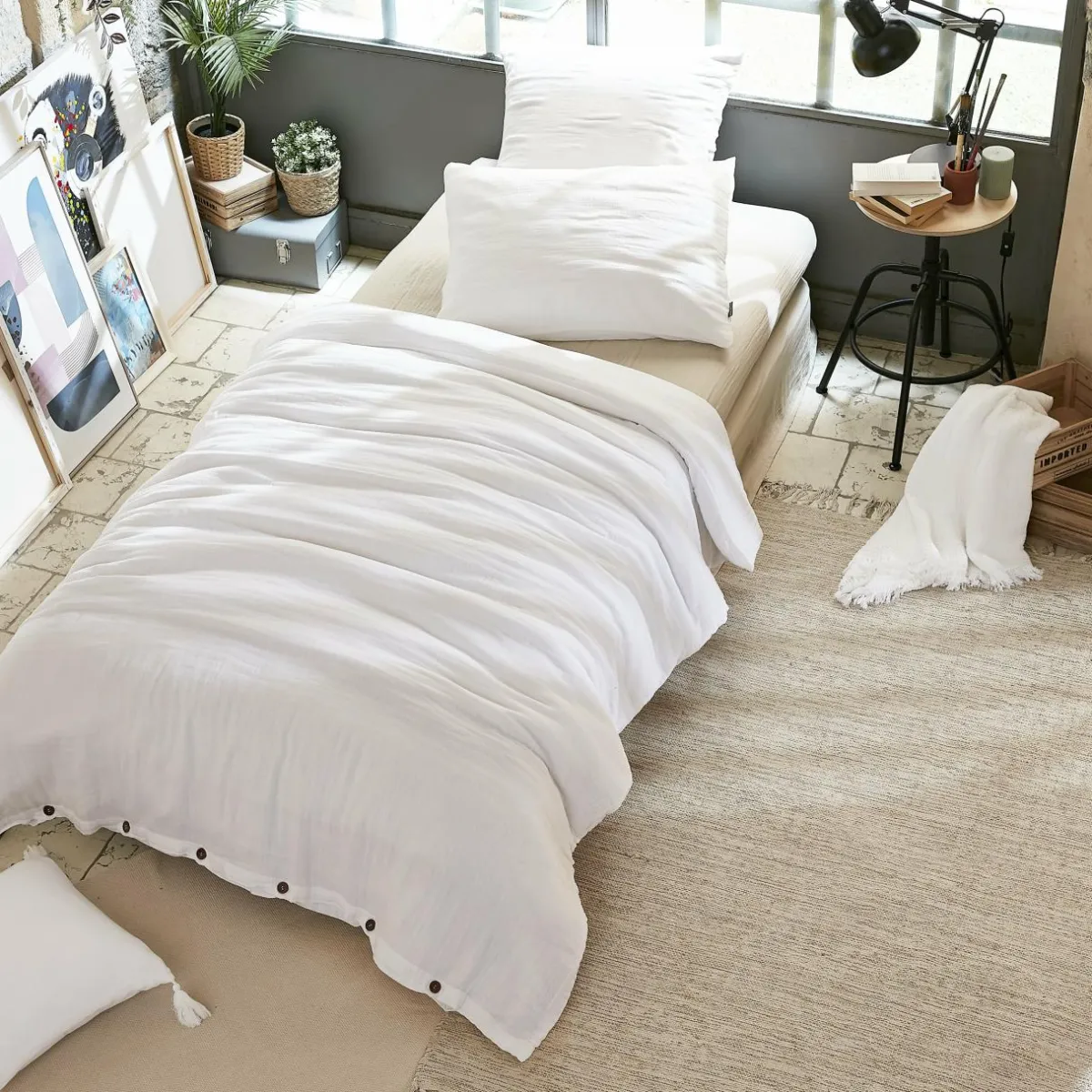 EMINZA Housse de couette gaze de coton (140 x 200 cm) Gaïa chantilly Blanc Outlet