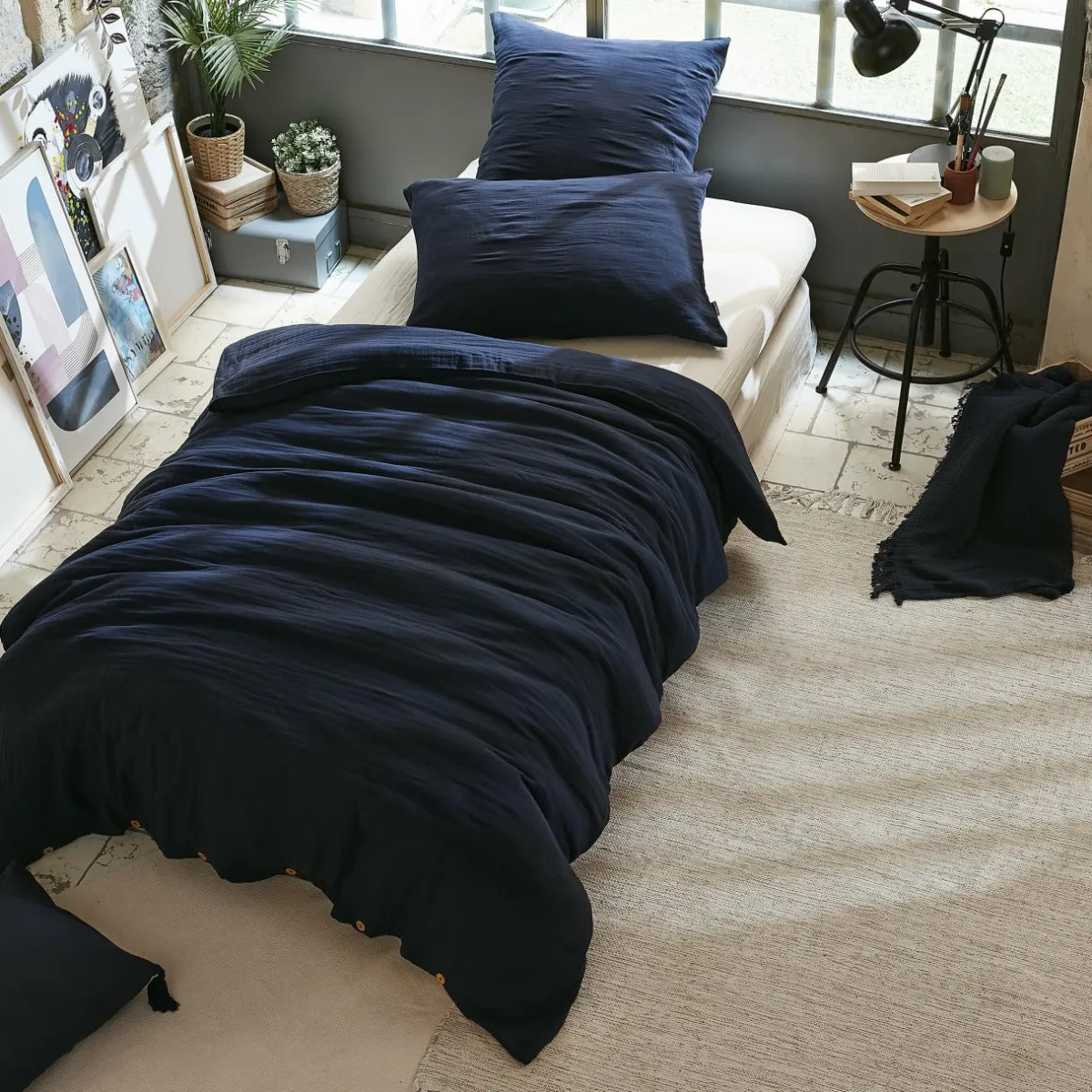 EMINZA Housse de couette gaze de coton (140 x 200 cm) Gaïa Bleu nuit Sale