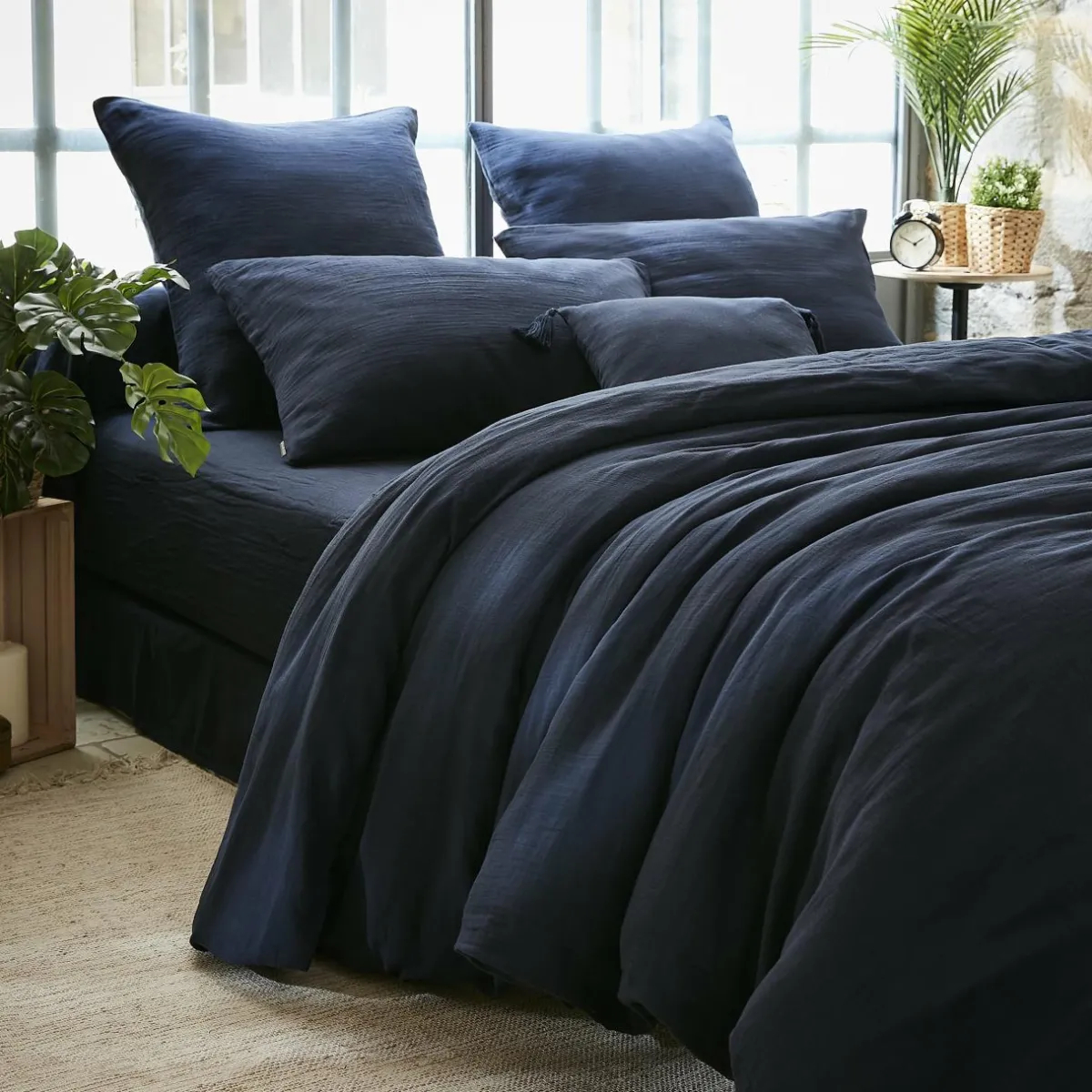 EMINZA Housse de couette gaze de coton (260 x 240 cm) Gaïa Bleu nuit Discount