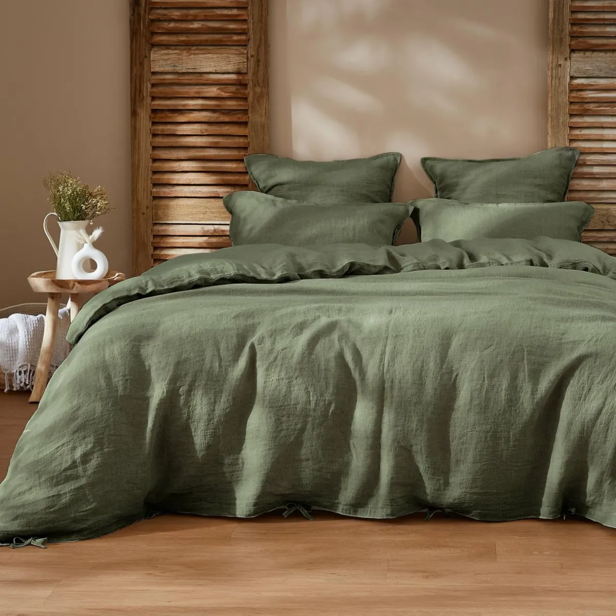 EMINZA Housse de couette lin lavé (240 x 220 cm) Louise Vert romarin