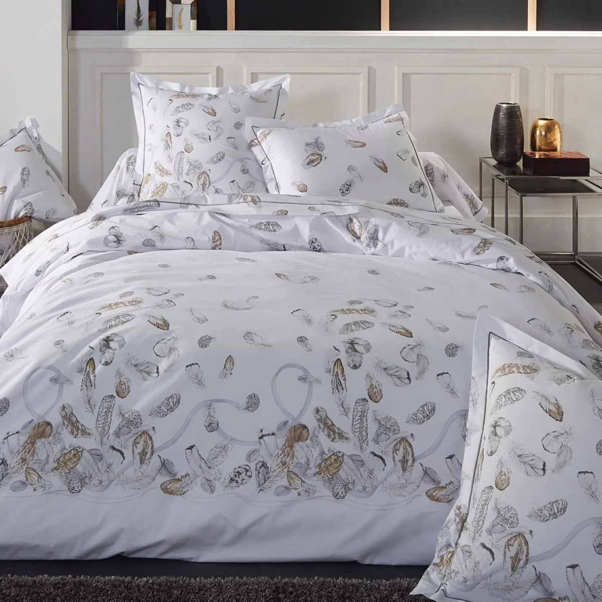 TRADILINGE Housse de couette percale de coton (240 x 220 cm) Plumes e Gris Outlet