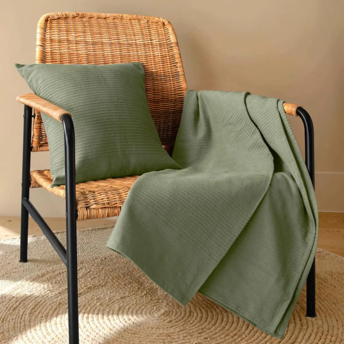 EMINZA Jeté de lit coton tissé (130 x 160 cm) Léa Vert romarin Sale