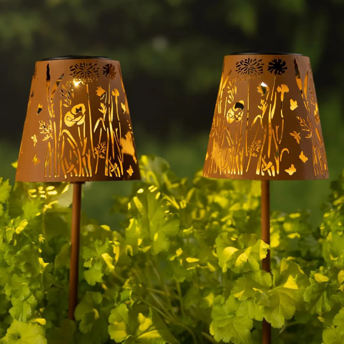 #N/A Lot de 2 bornes de jardin solaire LED (H58 cm) Floral Brun rustique Marron Clearance