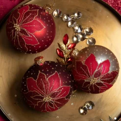 KAEMINGK Lot de 6 boules de Noël (D80 mm) en verre Poinsettia Rouge Hot