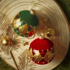 KAEMINGK Lot de 6 boules de Noël en verre (D80 mm) Carreaux de velours Bordeaux et vert sapin Rouge Discount