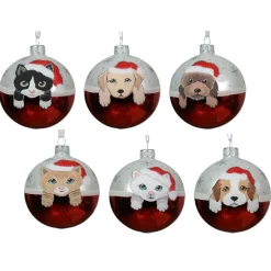 KAEMINGK Lot de 6 boules de Noël en verre (D80 mm) Chiens et Chats Rouge Clearance