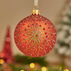KAEMINGK Lot de 6 boules de Noël en verre (D80 mm) Fleurs pailletées Rouge Best