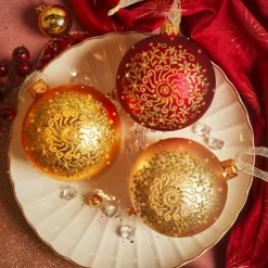 KAEMINGK Lot de 6 boules de Noël en verre (D80 mm) Arabesque pailleté Or New