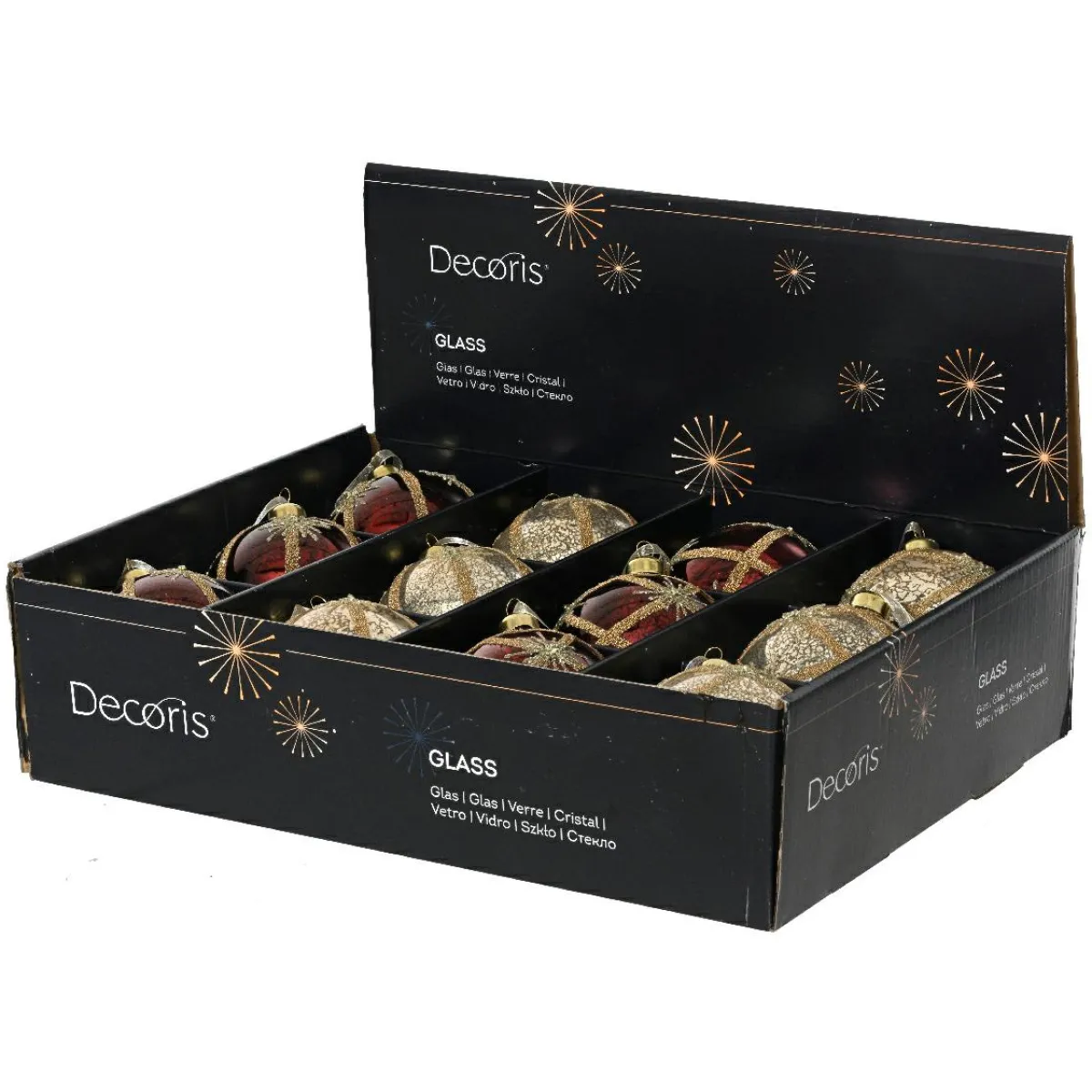 KAEMINGK Lot de 12 boules de Noël en verre (D100mm) Feu d'artifice et Bordeaux Perle Outlet