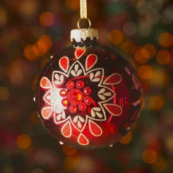 KAEMINGK Lot de 3 boules de Noël en verre (D80 mm) Folk Flower Rouge Discount