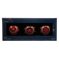 KAEMINGK Lot de 3 boules de Noël en verre (D80 mm) Folk Flower Rouge Discount