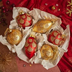 KAEMINGK Lot de 12 boules de Noël en verre (D80 mm) Baroque et or Rouge Discount