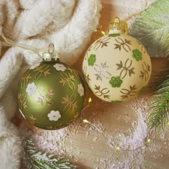 KAEMINGK Lot de 12 boules de Noël en verre (D80 mm) Fleurs Nature et blanc Vert matcha Discount