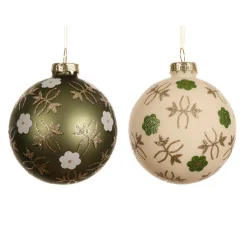 KAEMINGK Lot de 12 boules de Noël en verre (D80 mm) Fleurs Nature et blanc Vert matcha Discount