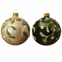 KAEMINGK Lot de 6 boules de Noël en verre (D80 mm) Fleurs de gui Vert Discount