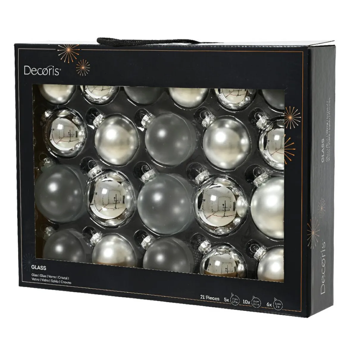 KAEMINGK Lot de 21 boules de Noël en verre (D60 à 75 mm) Assorties Cristal Argent New
