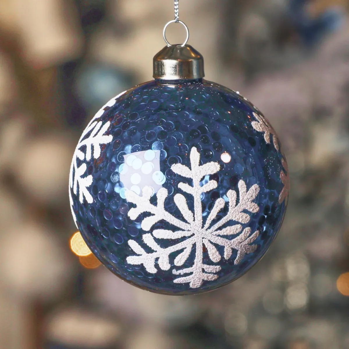 KAEMINGK Lot de 3 boules de Noël en verre (D80 mm) Flocons et sequins Bleu nuit Outlet