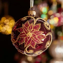 KAEMINGK Lot de 6 boules de Noël en verre (D80 mm) Poinsettia Bordeaux Hot