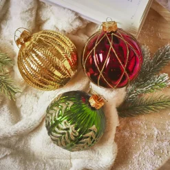 KAEMINGK Lot de 12 boules de Noël en verre (D100 mm) Rêverie , vert sapin et or Bordeaux Clearance