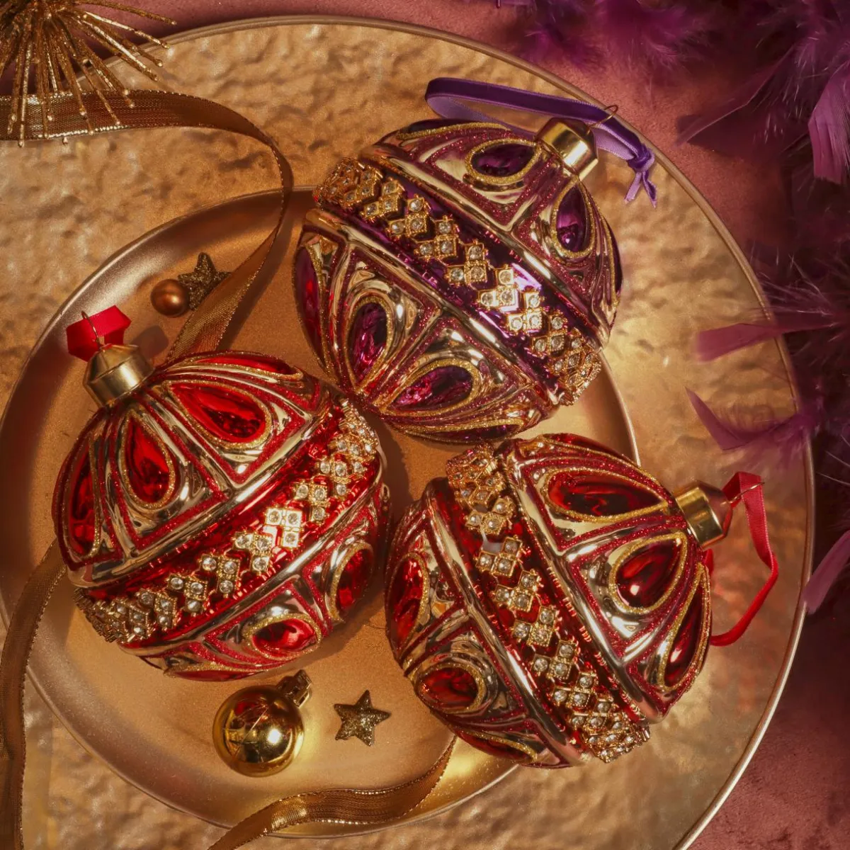 KAEMINGK Lot de 12 boules de Noël en verre (D100mm) Diamant Rocaille Rouge et Violet Online