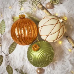 KAEMINGK Lot de 12 boules de Noël en verre (D100 mm) Rêverie Blanc laine, et Vert romarin Cognac Best