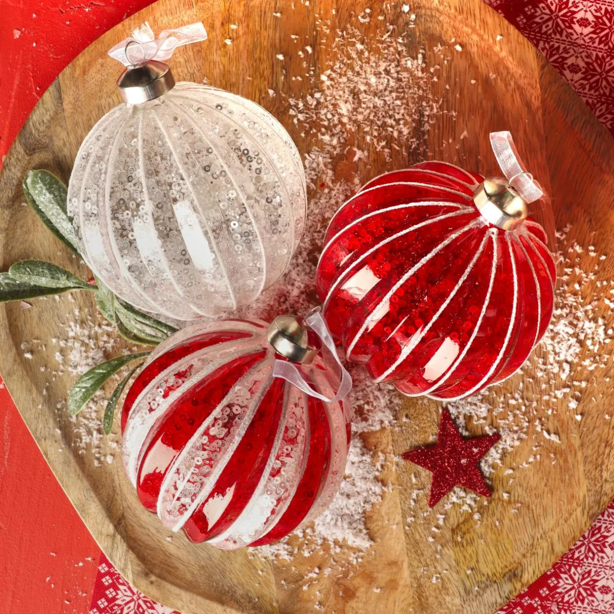 KAEMINGK Lot de 12 boules de Noël en verre (D100 mm) Sequins festifs et rouge Argent Hot