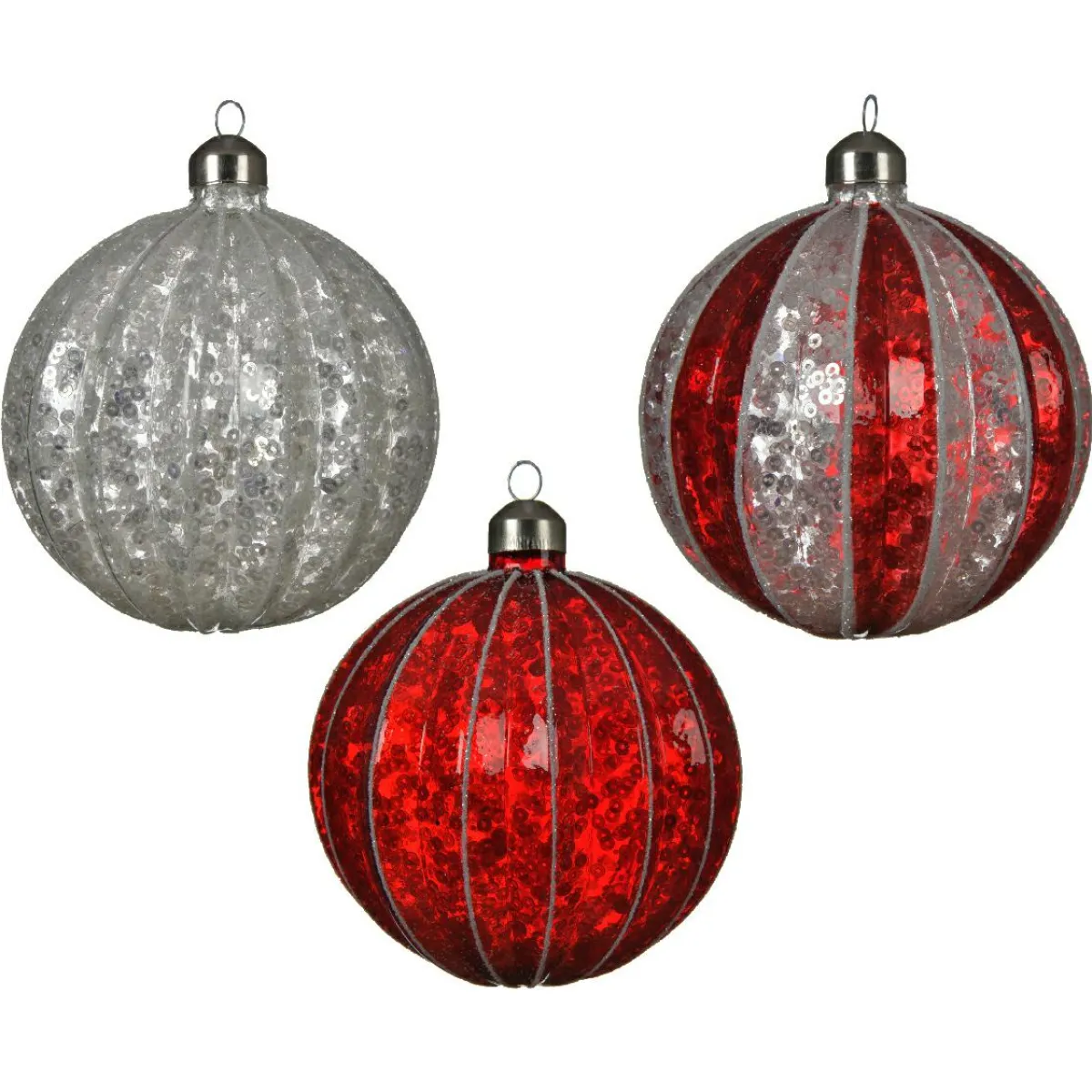 KAEMINGK Lot de 12 boules de Noël en verre (D100 mm) Sequins festifs et rouge Argent Hot