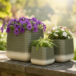 EMINZA Lot de 3 cache-pots d'extérieur carrés (H49-37-27 cm) Jamie Gris et Beige Clearance