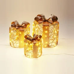 KOOPMAN Lot de 3 cadeaux lumineux à piles 135 LED (H25 cm) Rond et chic Blanc Chaud doré