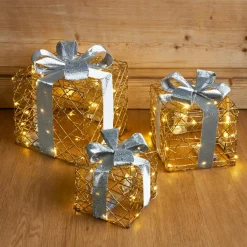 EMINZA Lot de 3 cadeaux lumineux à piles 90 LED (H29 cm) Festif et blanc chaud Or Hot