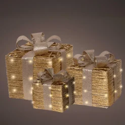 EMINZA Lot de 3 cadeaux lumineux à piles 30 LED (H30 cm) Westfield et Blanc chaud Or