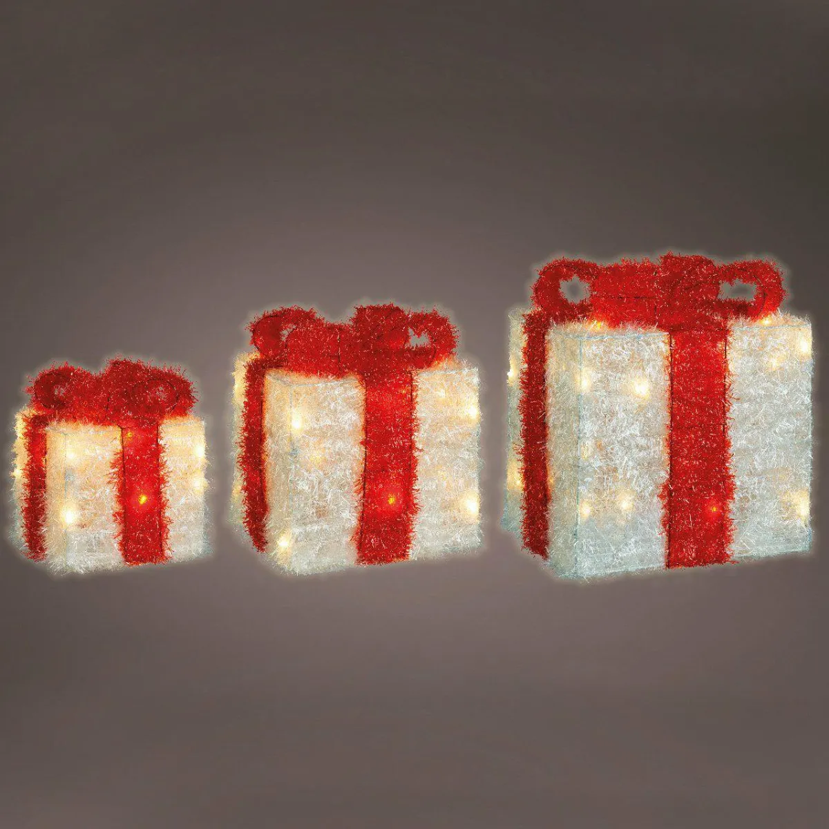 EMINZA Lot de 3 cadeaux lumineux à piles 65 LED (H30 cm) Ruban Rouge et Blanc chaud Outlet