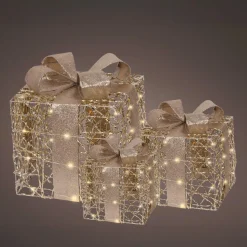 EMINZA Lot de 3 cadeaux lumineux à piles 30 LED (H30 cm) Féerie et Blanc chaud Or Outlet