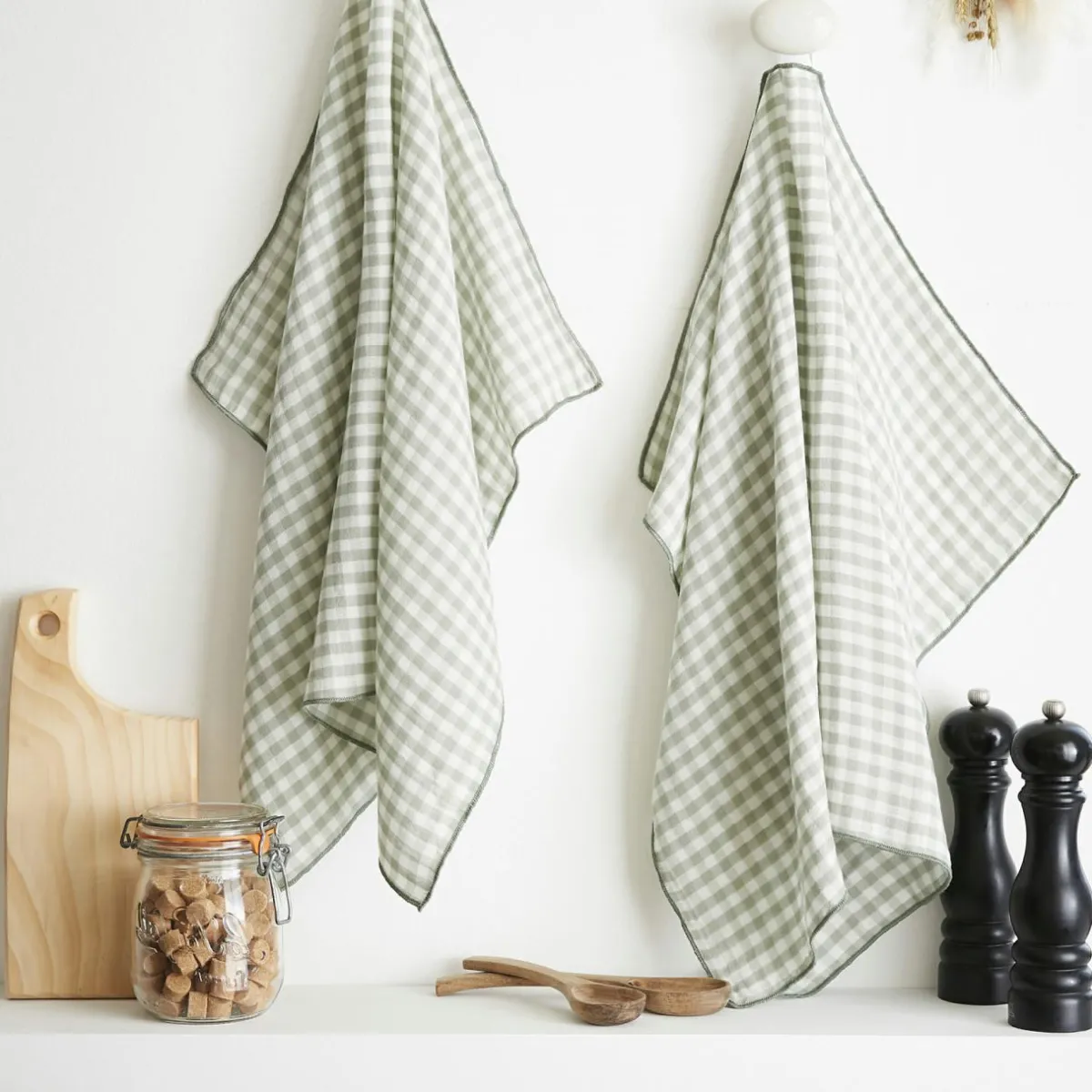 EMINZA Lot de 2 essuie-main gaze de coton (50 x 70 cm) Gaïa vichy Vert Eucalyptus Sale