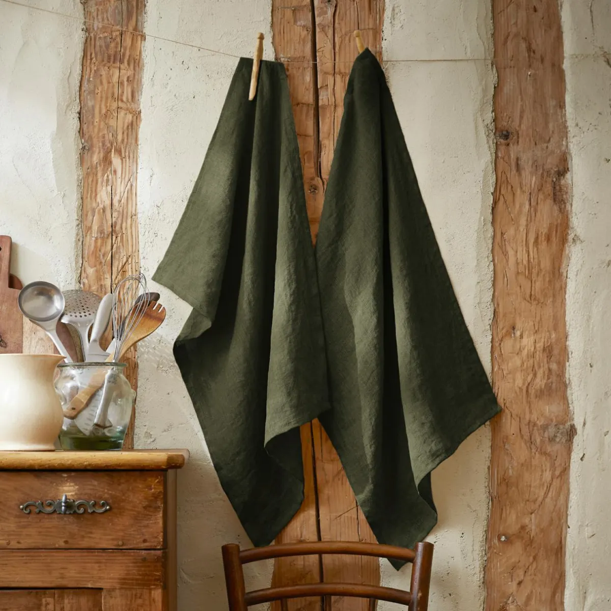 EMINZA Lot de 2 essuie-mains lin lavé (50 x 70 cm) Louise Vert romarin Clearance