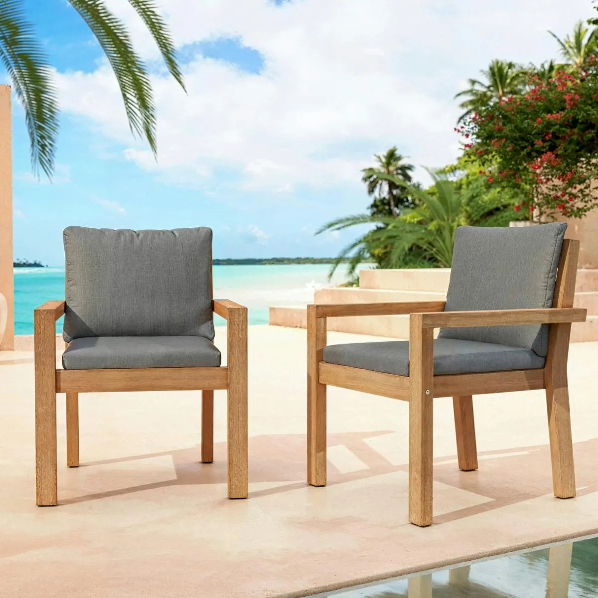 MOBELLIA Lot de 2 fauteuils de jardin empilables en bois d'acacia Bornéo Gris Anthracite New