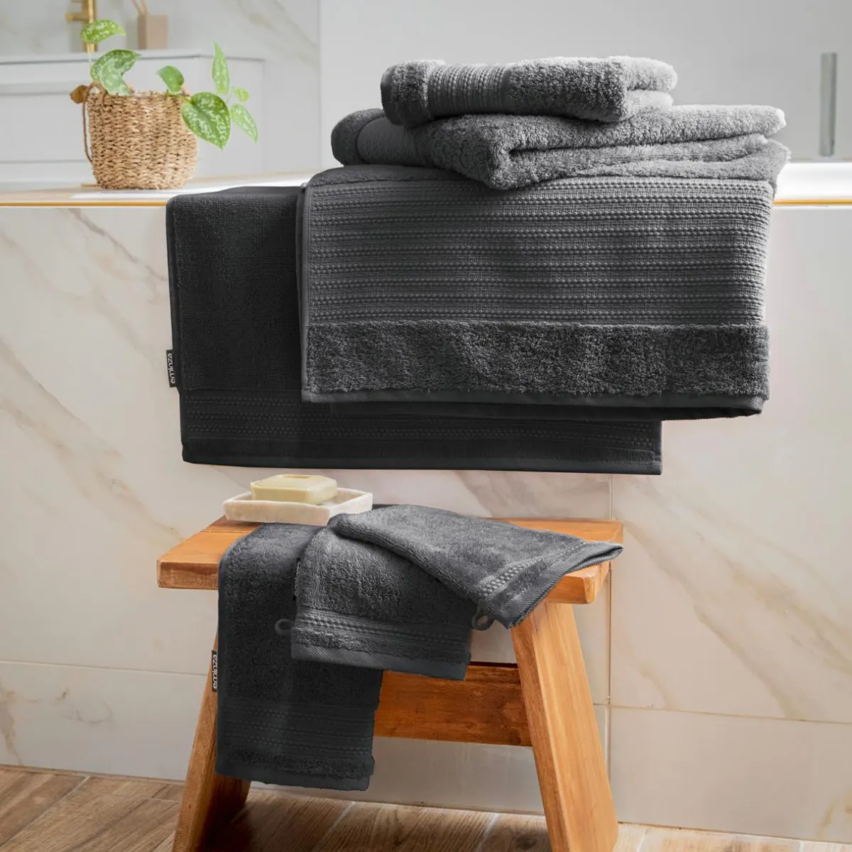 EMINZA Lot de 2 gants de toilette coton bio (15 x 21 cm) Méline Gris orage Gris foncé Outlet