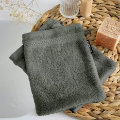 EMINZA Lot de 2 gants de toilette coton bio (15 x 21 cm) Méline Vert romarin Sale