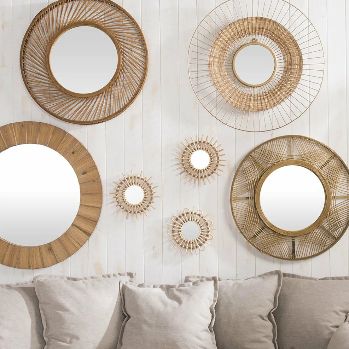 ATMOSPHERA Lot de 3 miroirs (D28 cm) Soleil Rotin Naturel New