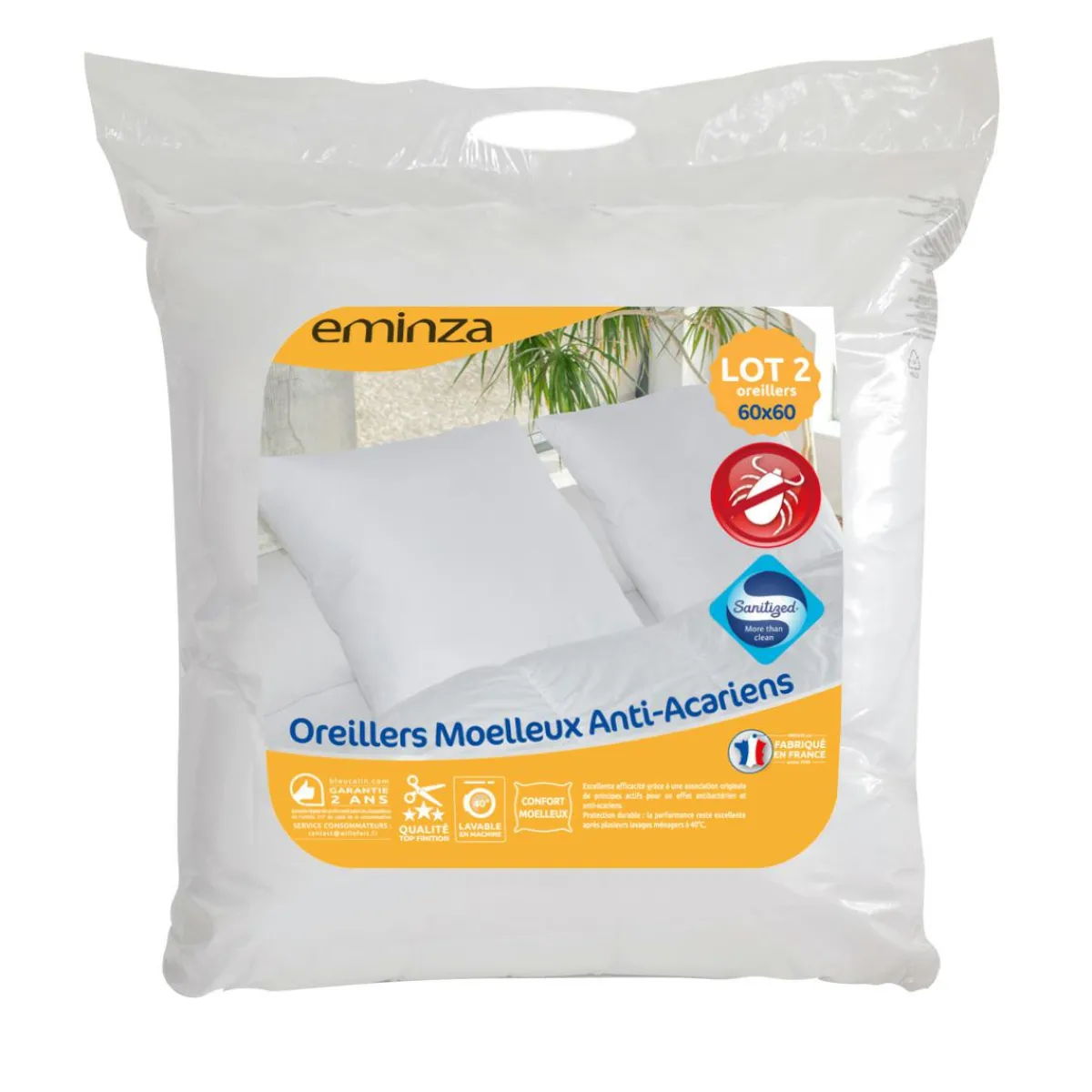 EMINZA Lot de 2 oreillers carrés (60 x 60 cm) Moelleux Anti-acariens Blanc Sale