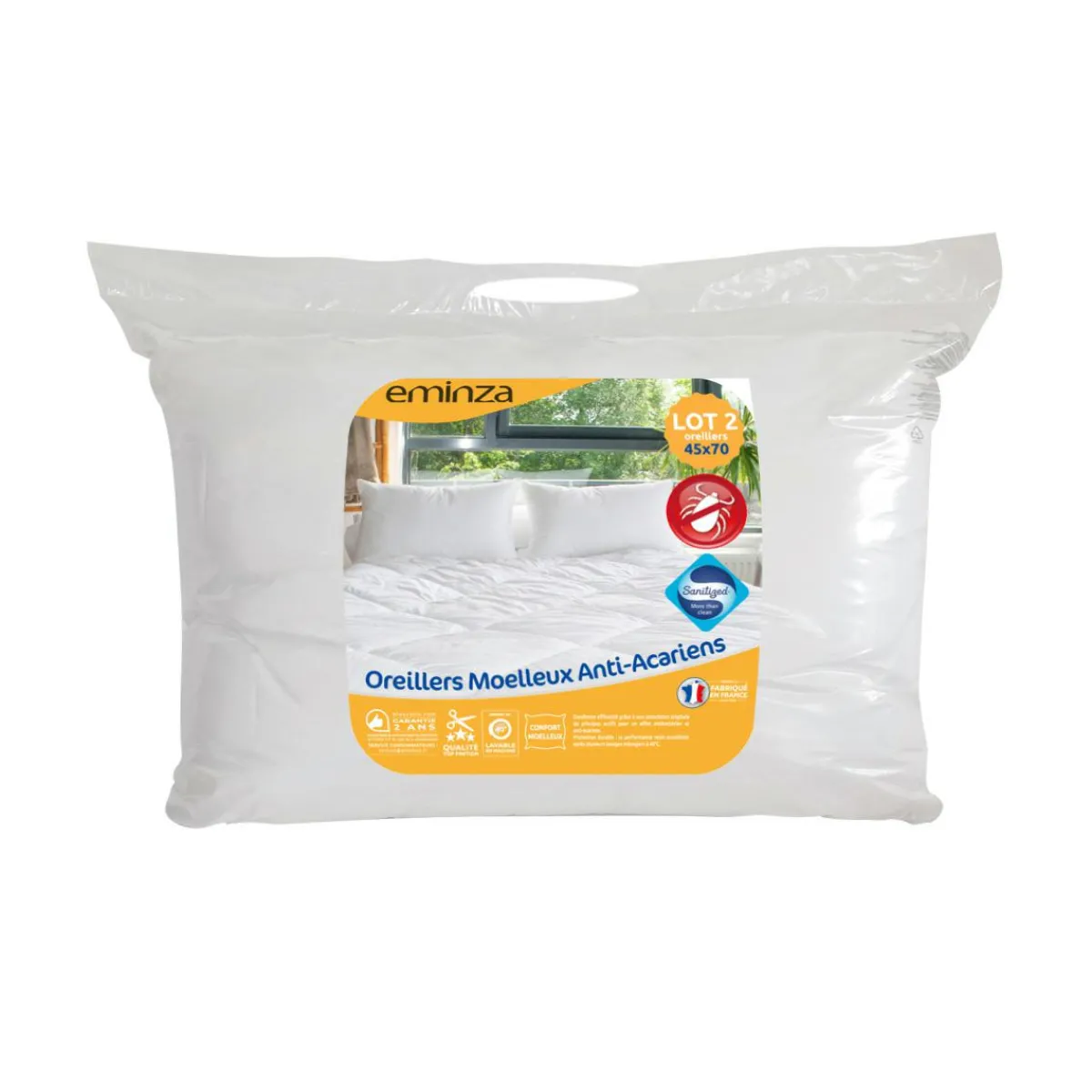 EMINZA Lot de 2 oreillers rectangulaires (45 x 70 cm) Moelleux Anti-acariens Blanc New