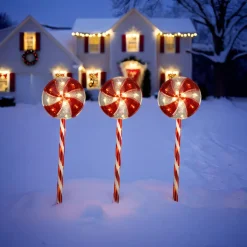 KOOPMAN Lot de 3 piquets lumineux à piles 60 LED (H62 cm) Sucettes Candy Rouge New