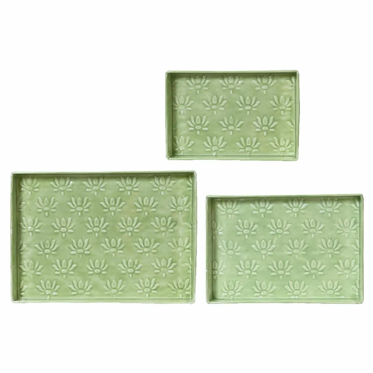 #N/A Lot de 3 plateaux décoratifs (34 x 24 cm) Fleurs d'Ésmée pomme Vert Sale