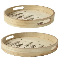 KAEMINGK Lot de 2 plateaux ronds en (D34-D29 cm) Sapins de Noël Bois