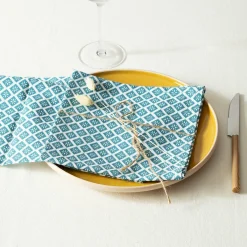 ATMOSPHERA Lot de 4 serviettes coton (40 x 40 cm) Tika Bleu canard