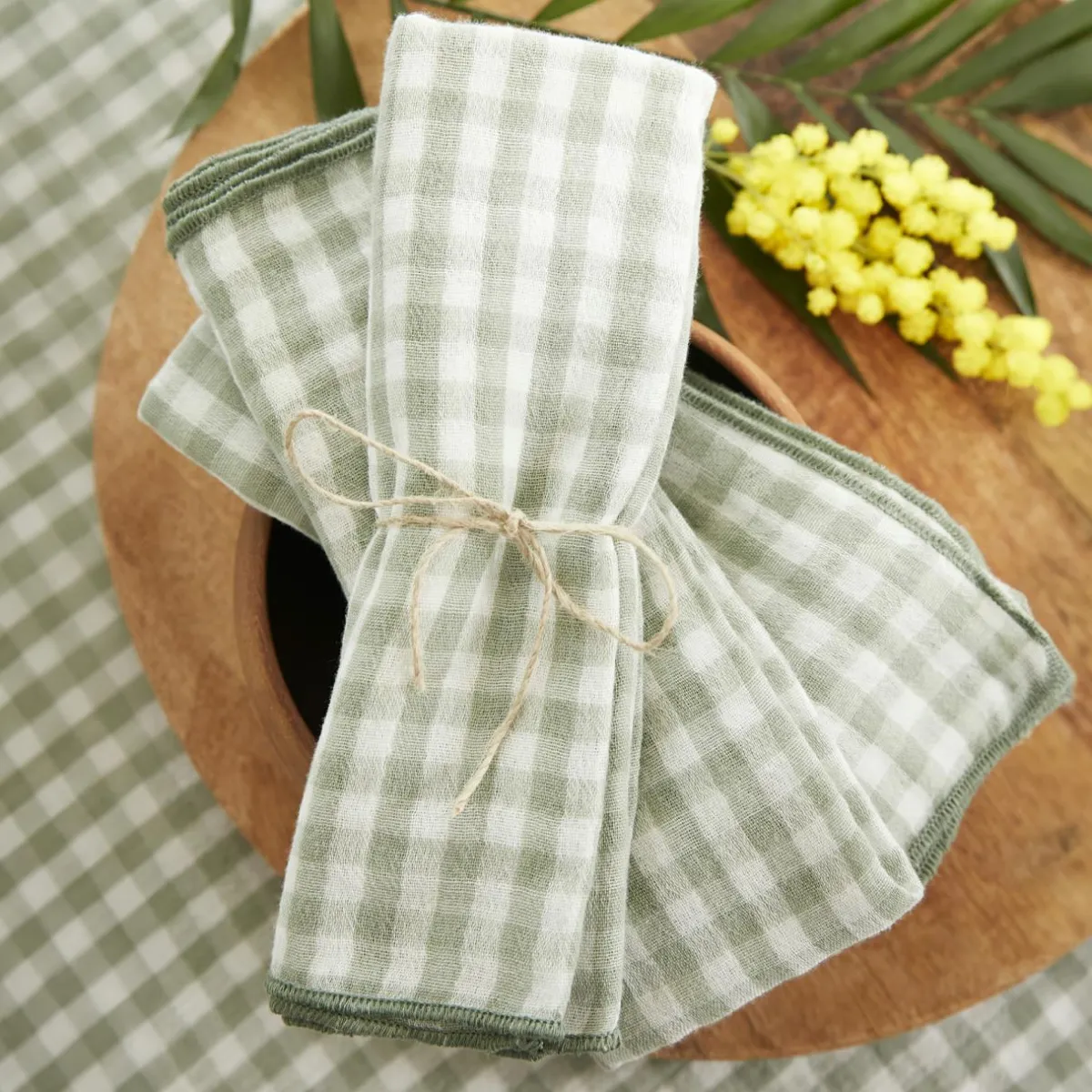 EMINZA Lot de 3 serviettes gaze de coton (40 x 40 cm) Gaïa vichy Vert Eucalyptus Discount