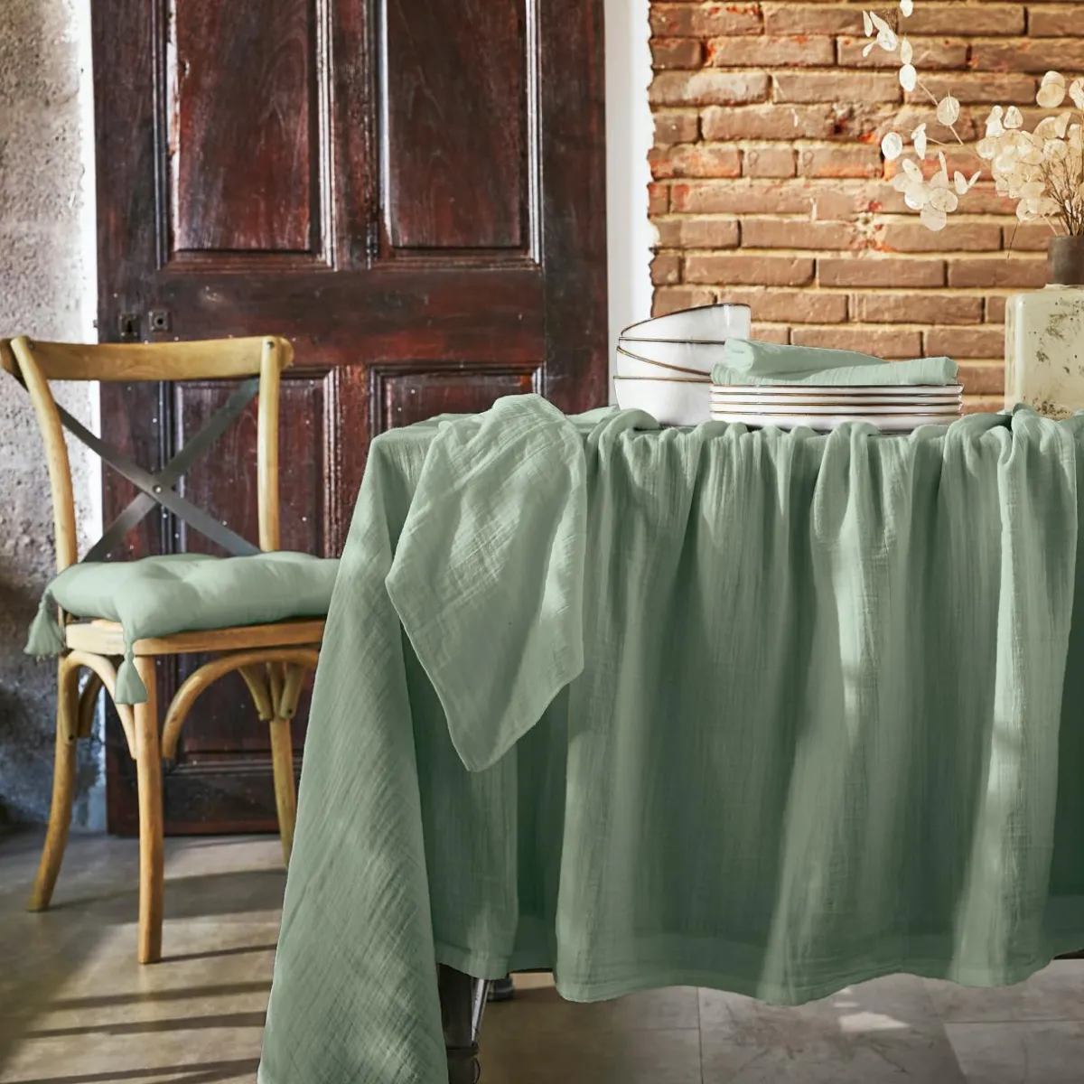 EMINZA Lot de 3 serviettes gaze de coton (40 x 40 cm) Gaïa Vert Eucalyptus Hot