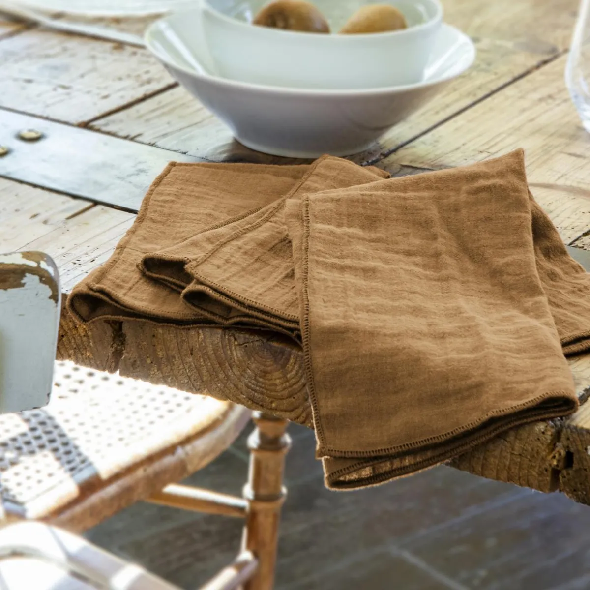 EMINZA Lot de 3 serviettes gaze de coton (40 x 40 cm) Gaïa Camel